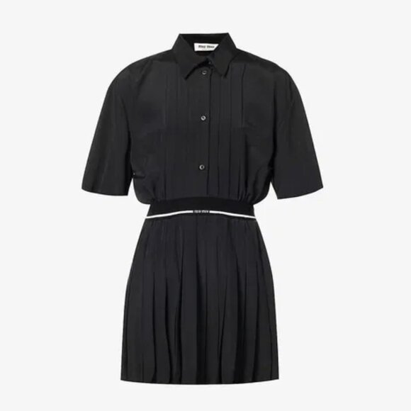NWT Miu Miu Pleated Flare Mini Dress Sz 38 Black Crepe Elastic Waist Button